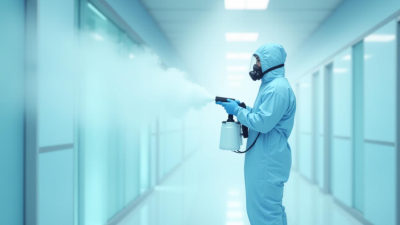 Professional cleaner in full PPE using an electrostatic fogger to disinfect a pristine modern office space, highlighting advanced hygiene solutions.